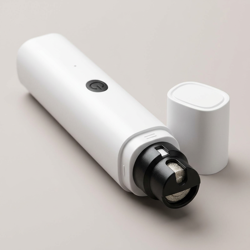 PawBuff white rechargeable pet nail grinder showing the grinding head and LED light
